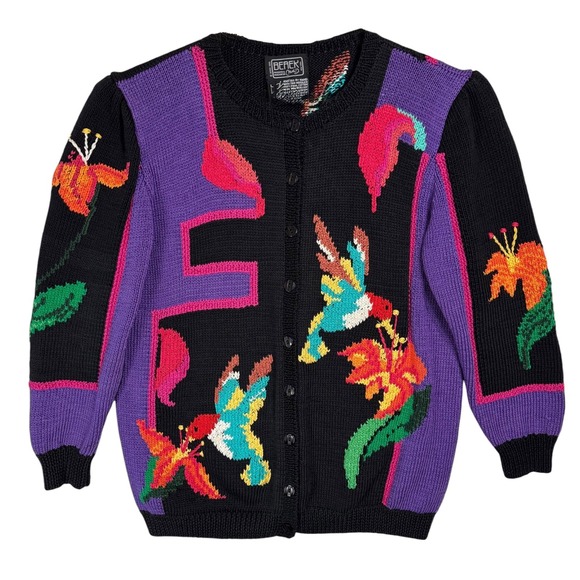 Vintage 80s‎ Berek Hand Knit Colorful Statement Sweater Cardigan Size L Unique